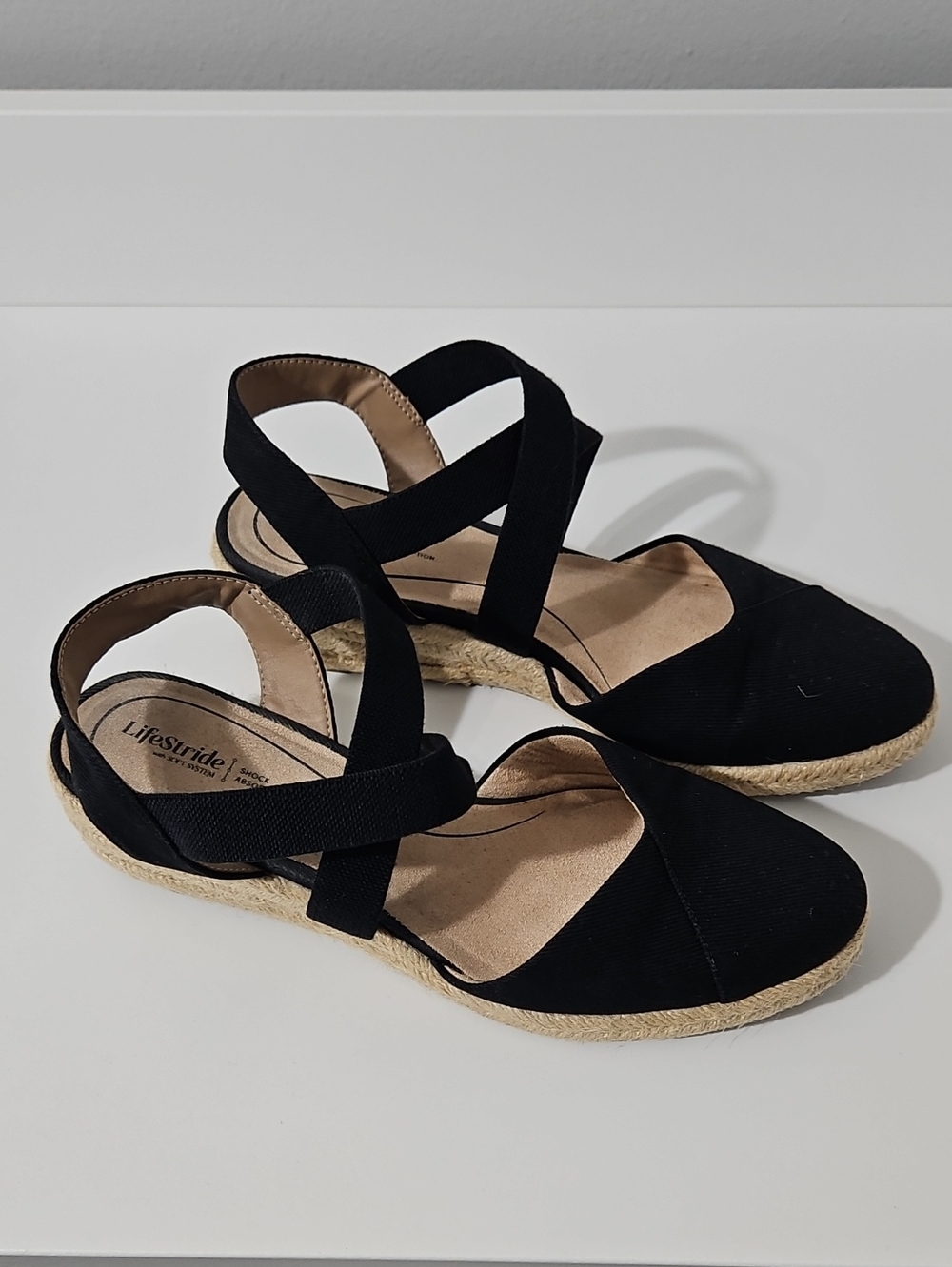 Life Stride Black Espadrille Wedge Sandals with Crossband Straps